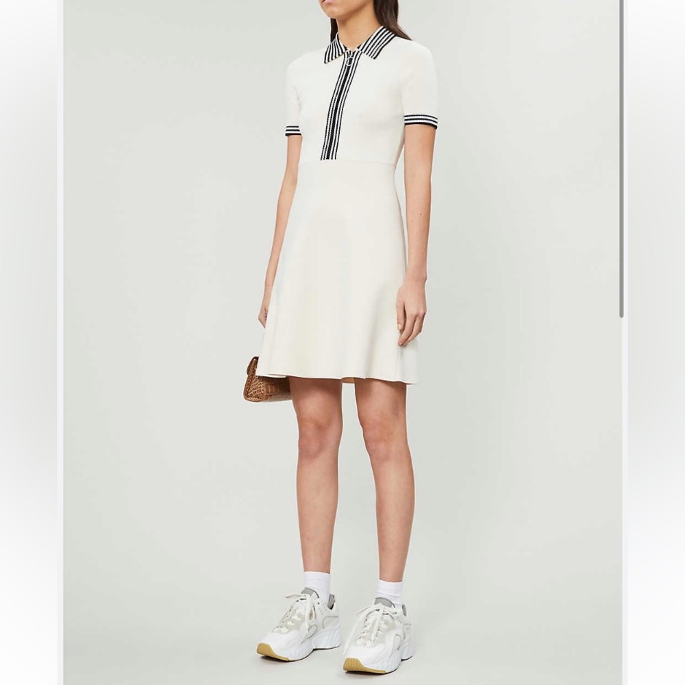 Sandro Zip-Up White Striped Stretch Knitted A-Line Dress